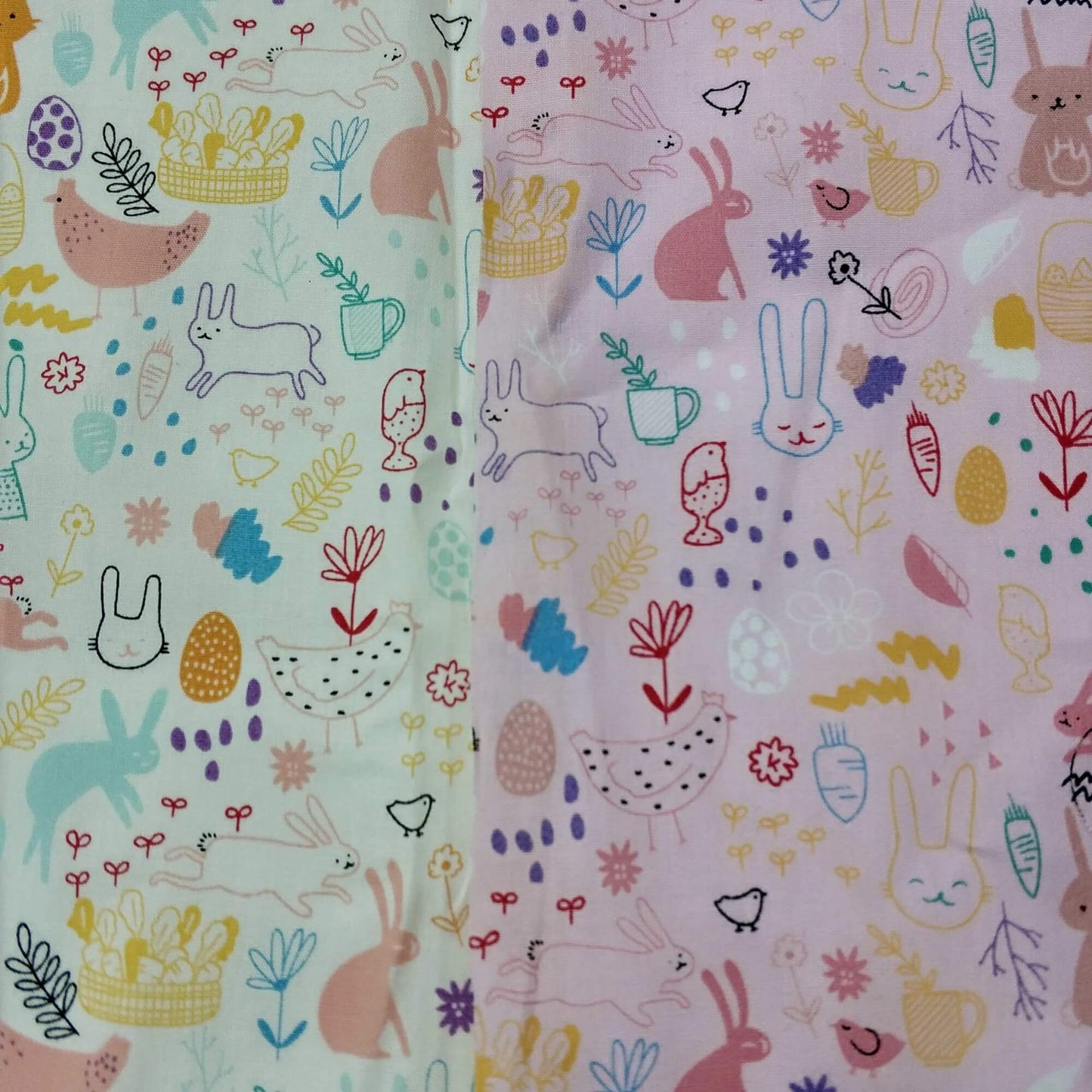 Two fabric swatches with colorful animal and nature patterns.