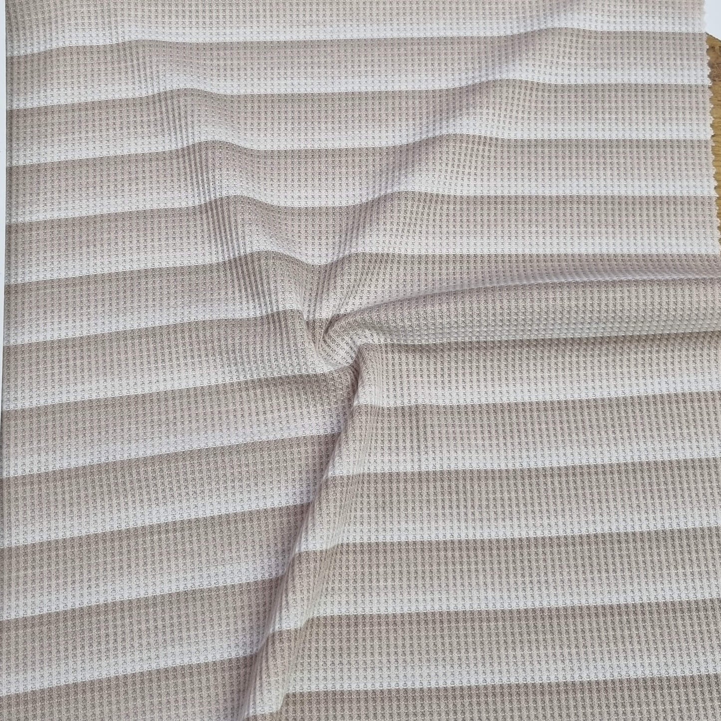Beige Waffle-Textured Knit Fabric With Stripes