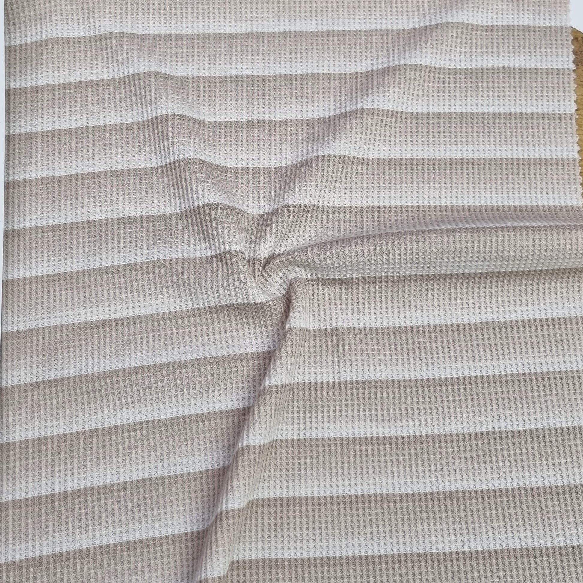 Beige Waffle-Textured Knit Fabric With Stripes