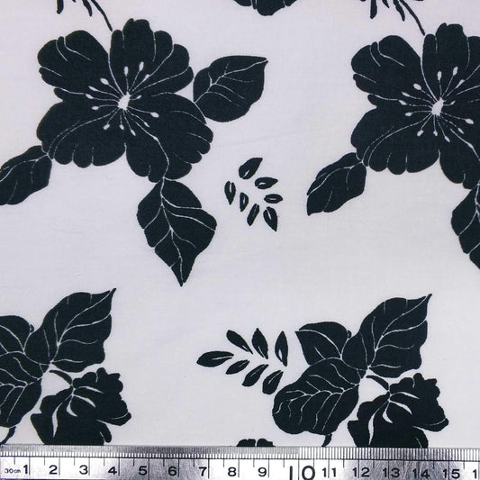 Black Flowers on a White Backround Cotton Poplin with Lycra