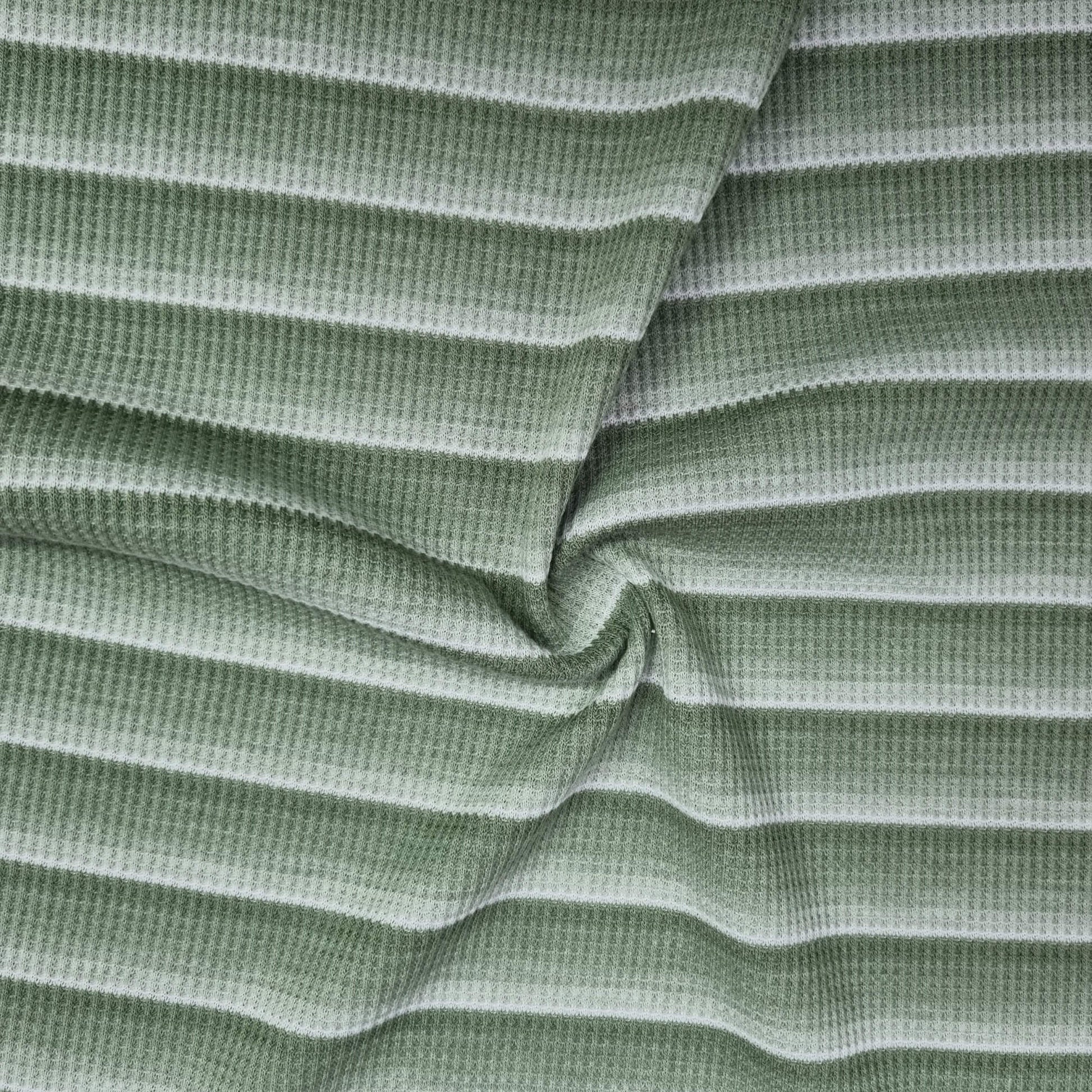 Green Waffle-Textured Knit Fabric With Stripes