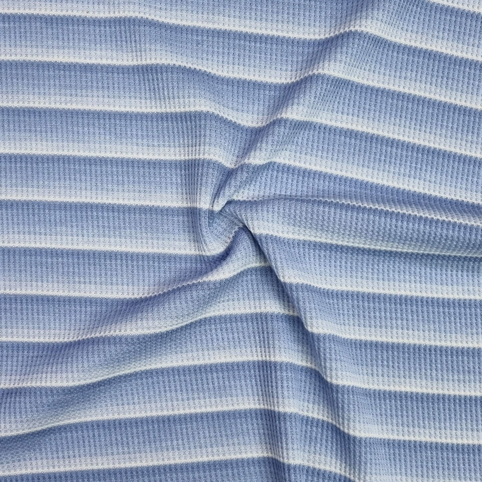 Sky Blue Waffle-Textured Knit Fabric With Stripes